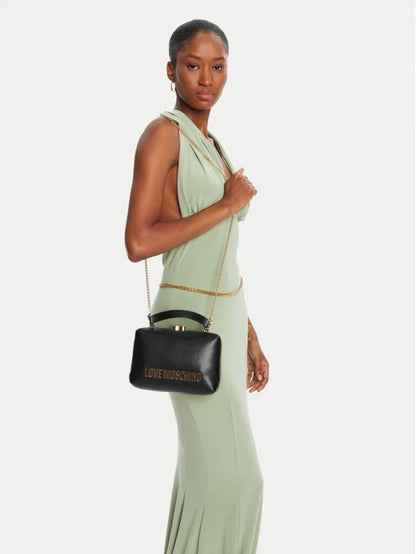 Black Faux Leather Top-Handle Satchel with Logo Detail