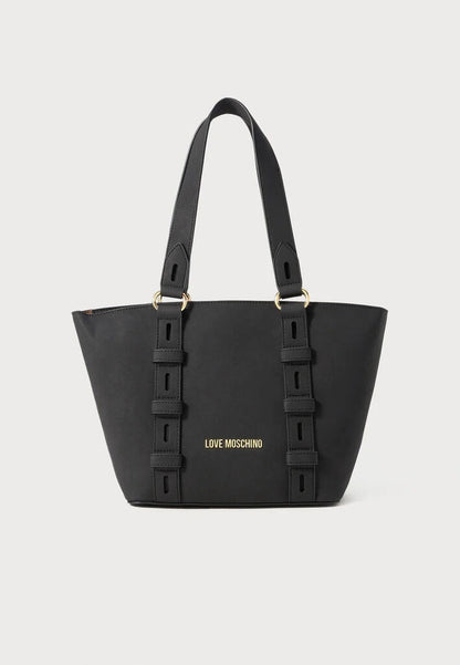 Black Structured Tote Bag with Logo Detail