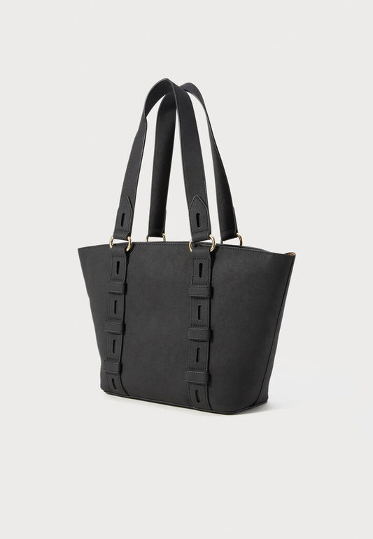 Black Structured Tote Bag with Logo Detail