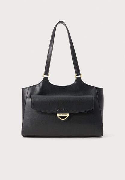 Black Structured Tote with Heart Emblem