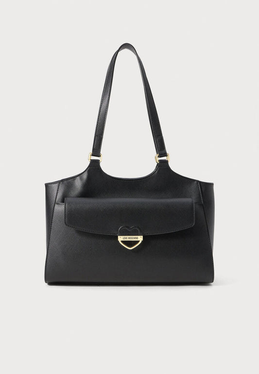 Black Structured Tote with Heart Emblem