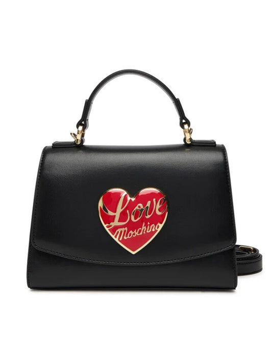 Black Glossy Handbag with Heart Detail