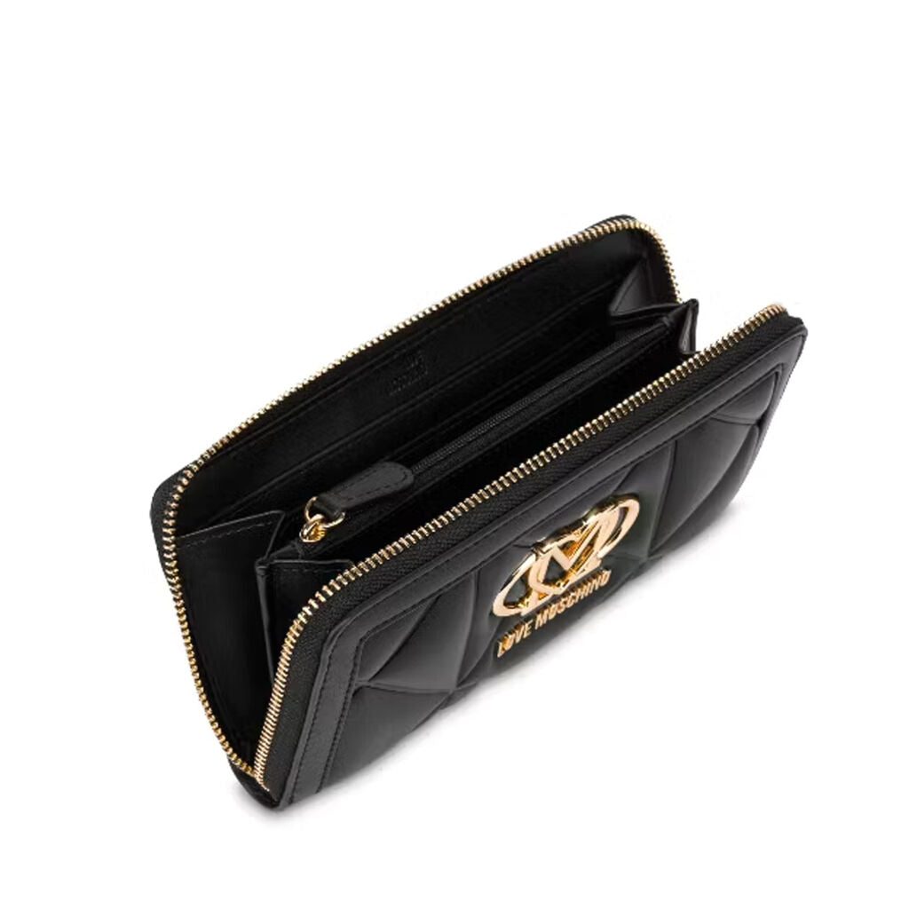 Black Quilted Wallet with Gold Logo Detail