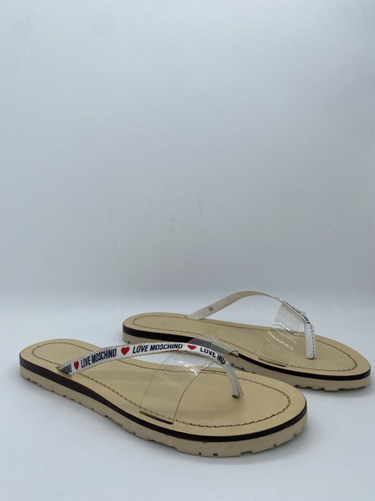 Beige PVC Thong Sandals with Logo Strap Detailing