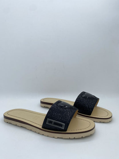 Black Glitter Slide Sandals with Logo Detail