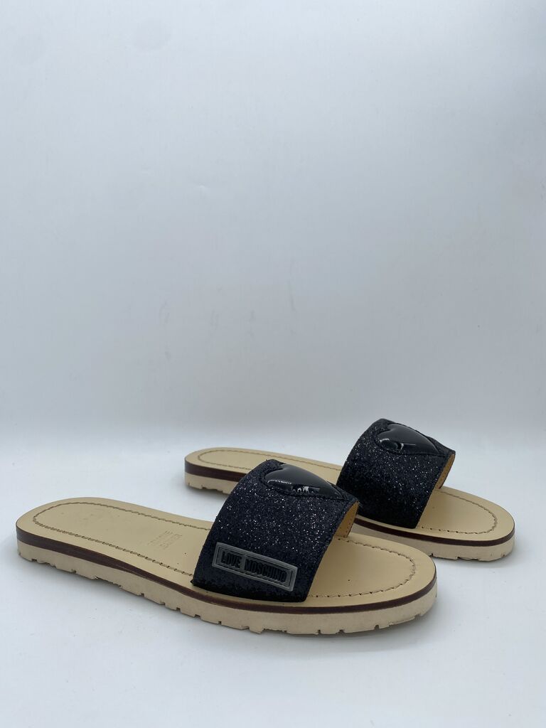 Black Glitter Slide Sandals with Logo Detail