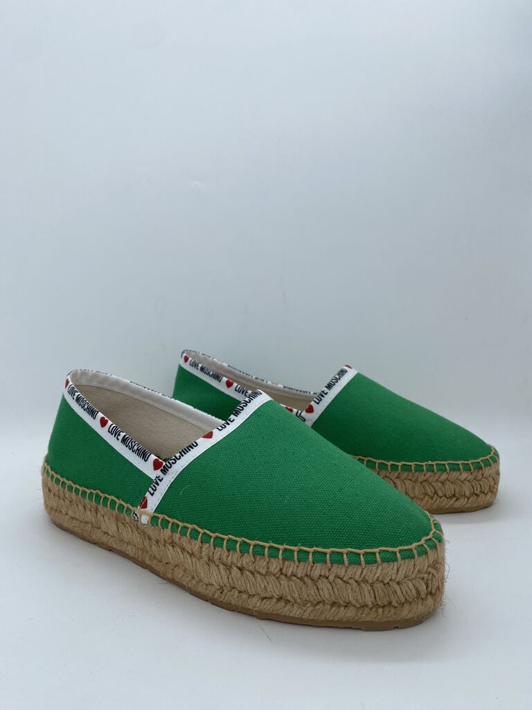 Green Canvas Espadrille Slip-Ons with Logo Trim
