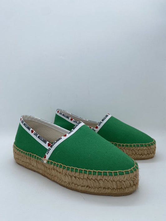 Green Canvas Espadrille Slip-Ons with Logo Trim