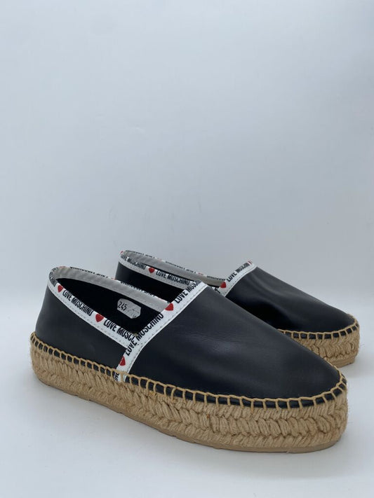Black Leather Espadrilles with Logo Trim