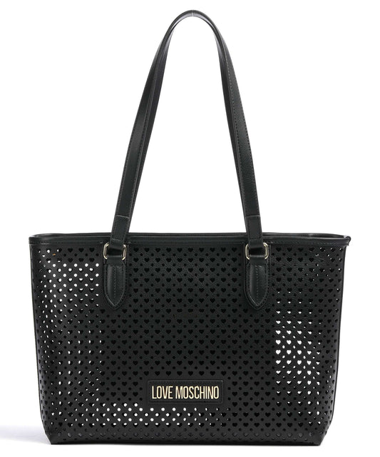 Black Perforated Tote Bag with Heart Design