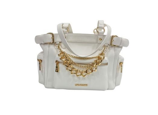 White Leather Tote Bag with Gold Chain Accent
