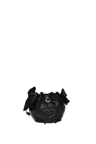 Black Leather Drawstring Bucket Bag with Knot Details