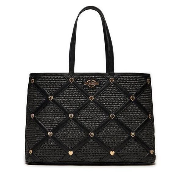 Black Quilted Tote Bag with Heart Stud Accents