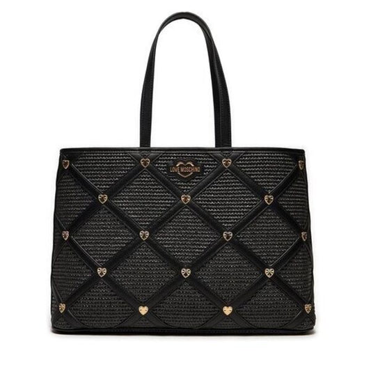 Black Quilted Tote Bag with Heart Stud Accents