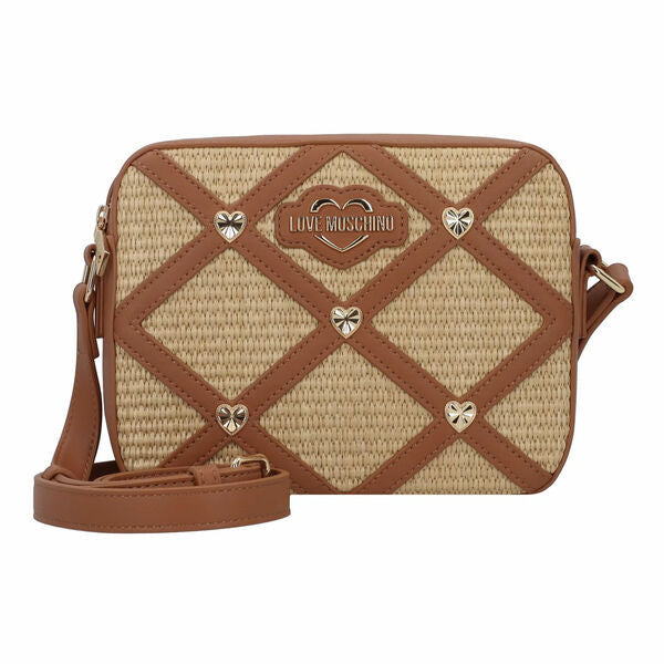 Tan Woven Crossbody Bag with Heart Accents