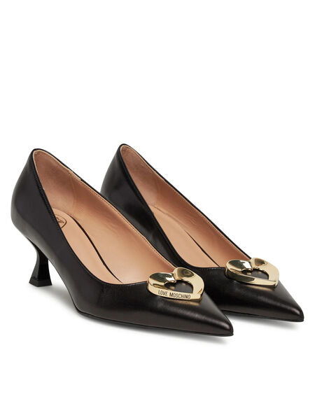 Black Leather Pointed-Toe Kitten Heel Pumps