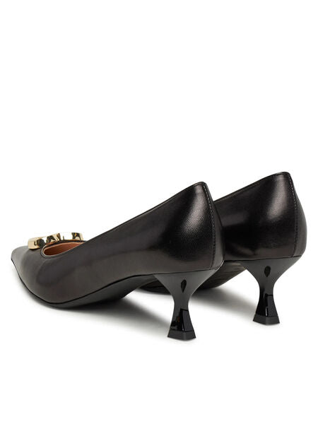 Black Leather Pointed-Toe Kitten Heel Pumps