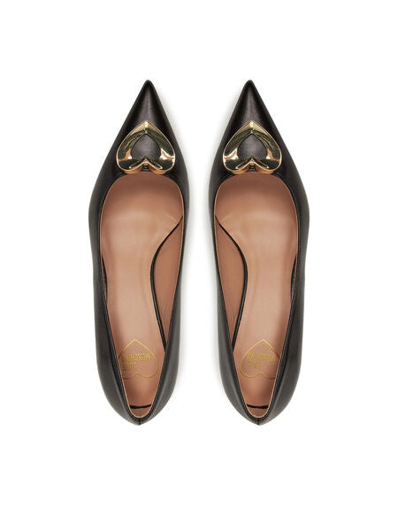 Black Leather Pointed-Toe Kitten Heel Pumps