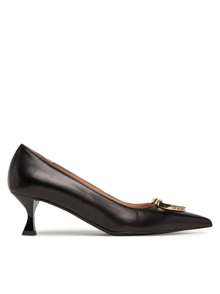 Black Leather Pointed-Toe Kitten Heel Pumps