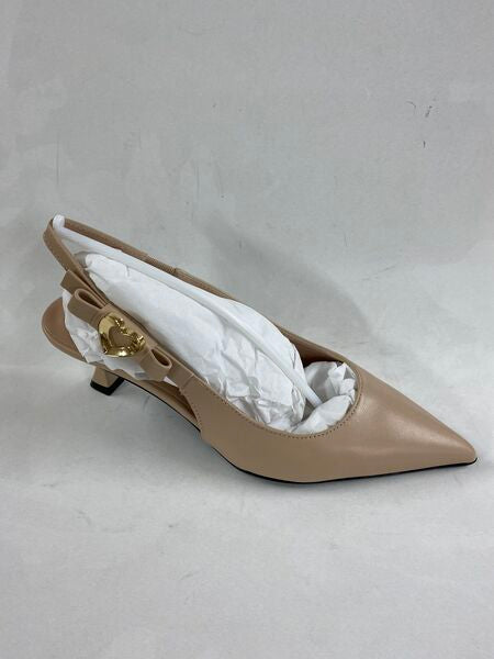 Beige Slingback Kitten Heel Pumps with Gold Buckle