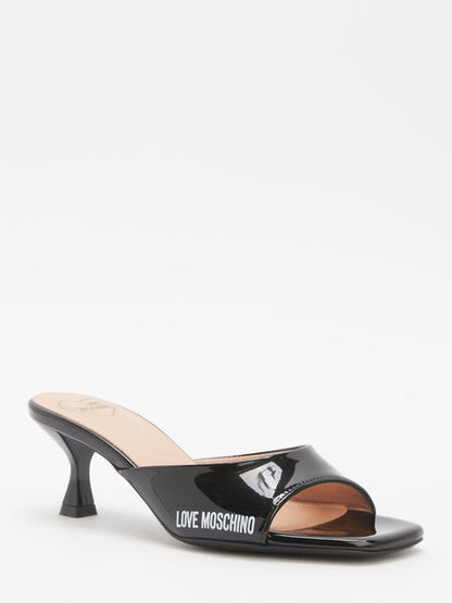 Black Patent Kitten Heel Slide Mule with Logo