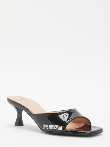 Black Patent Kitten Heel Slide Mule with Logo