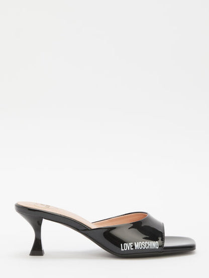 Black Patent Kitten Heel Slide Mule with Logo