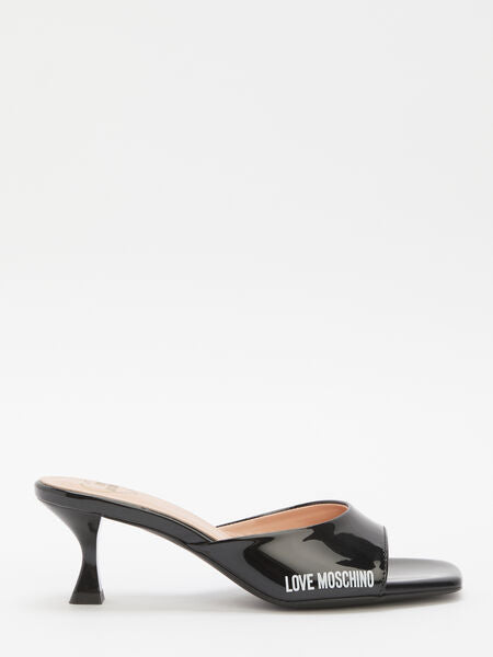 Black Patent Kitten Heel Slide Mule with Logo