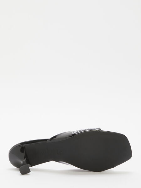 Black Patent Kitten Heel Slide Mule with Logo