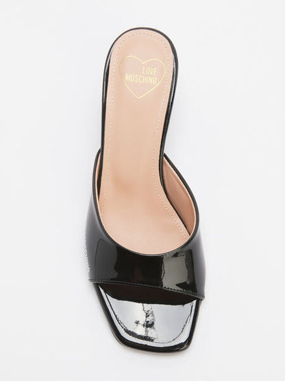 Black Patent Kitten Heel Slide Mule with Logo