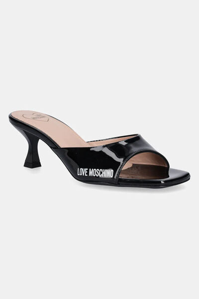 Black Patent Kitten Heel Slide Mule with Logo