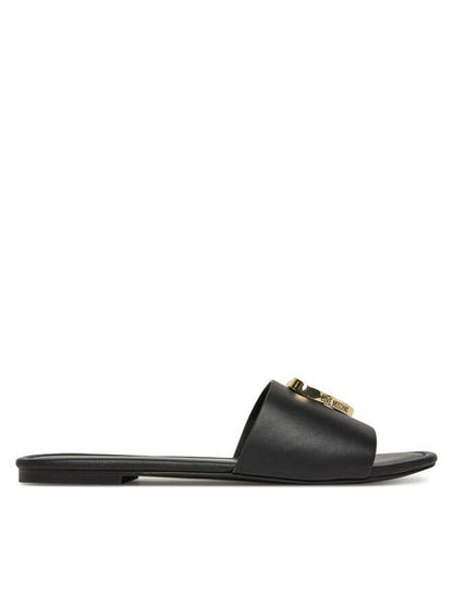 Black Slide Sandal with Gold Buckle Accent