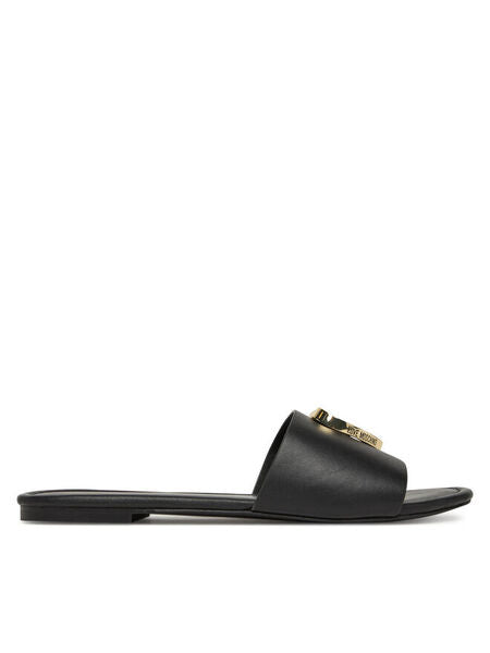 Black Slide Sandal with Gold Buckle Accent