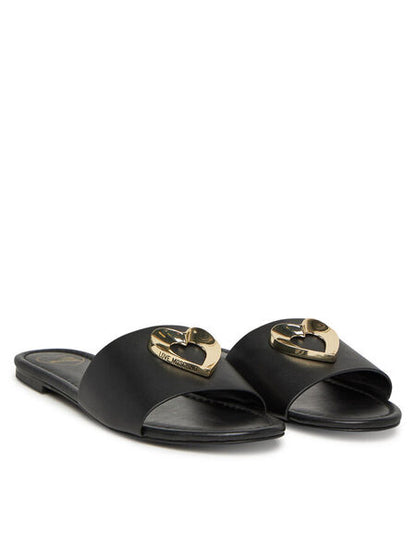 Black Slide Sandal with Gold Buckle Accent