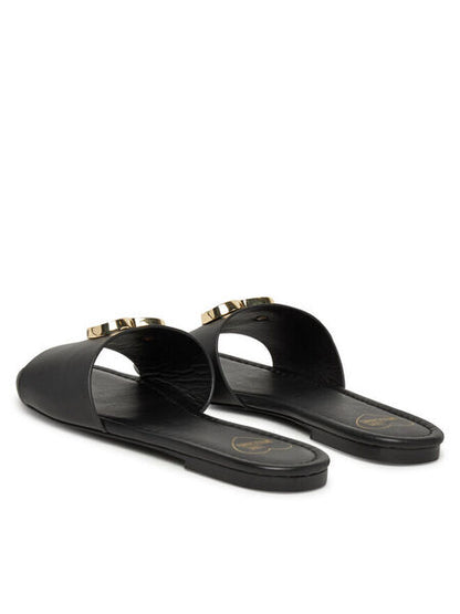 Black Slide Sandal with Gold Buckle Accent