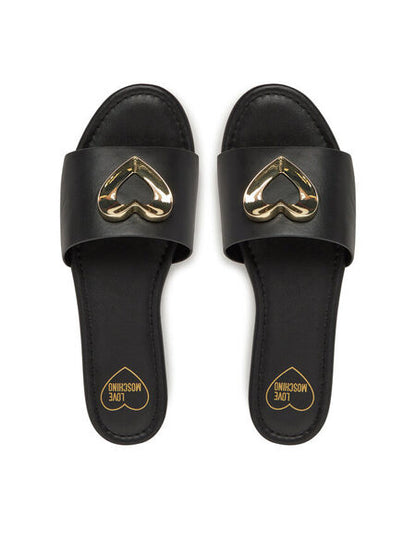 Black Slide Sandal with Gold Buckle Accent