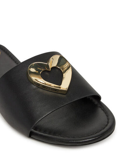 Black Slide Sandal with Gold Buckle Accent