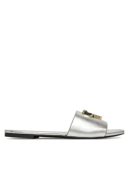 Silver Metallic Slide Sandals with Gold Accent