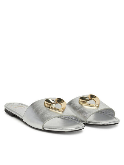 Silver Metallic Slide Sandals with Gold Accent