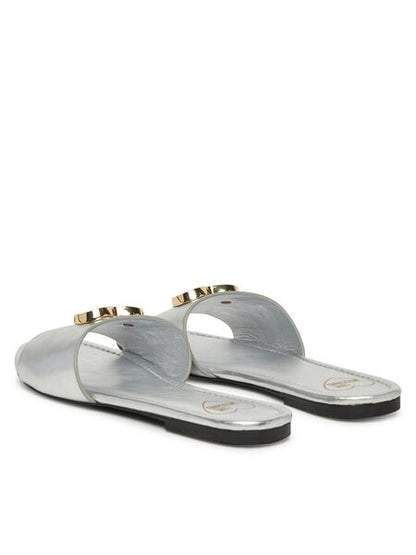 Silver Metallic Slide Sandals with Gold Accent