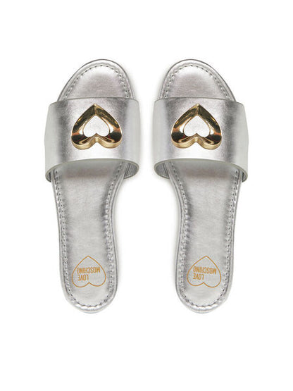 Silver Metallic Slide Sandals with Gold Accent