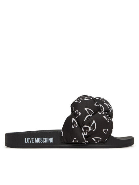 Black Logo Print Slides with Padded Knot