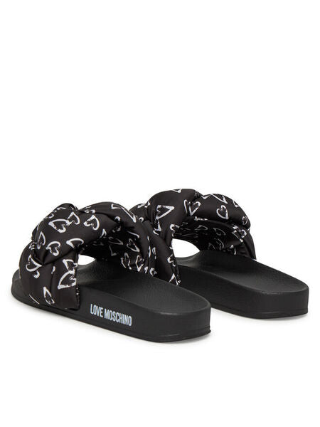 Black Logo Print Slides with Padded Knot