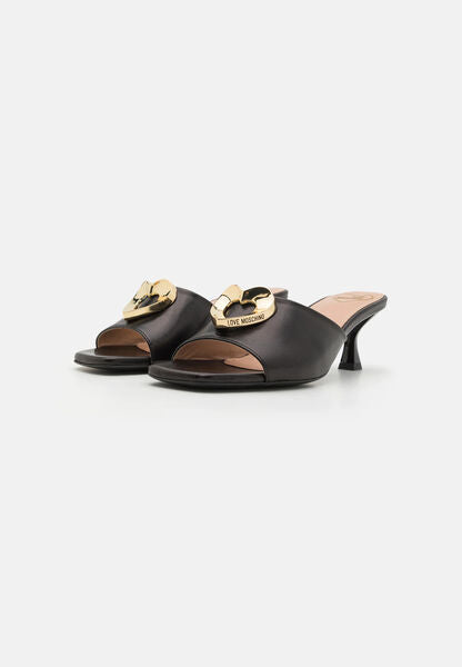 Black Heeled Mule with Gold Accent