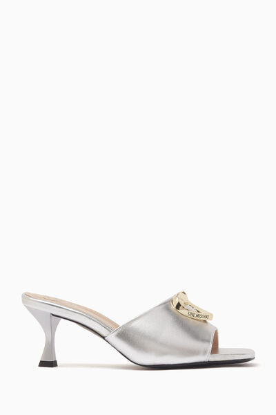 Silver Metallic Heel Sandals with Logo Detail