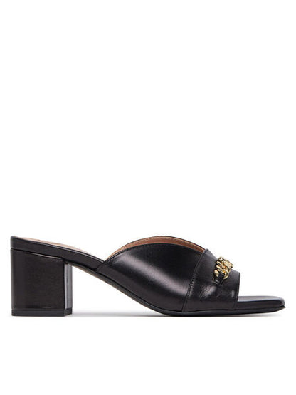 Black Open-Toe Block Heel Slide with Gold Detail