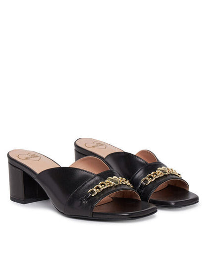 Black Open-Toe Block Heel Slide with Gold Detail