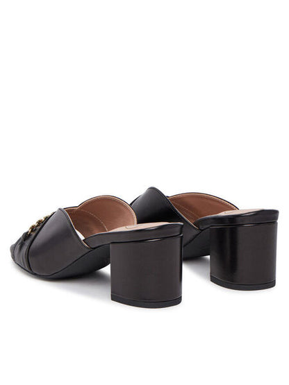 Black Open-Toe Block Heel Slide with Gold Detail