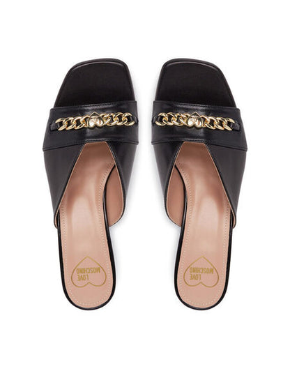 Black Open-Toe Block Heel Slide with Gold Detail