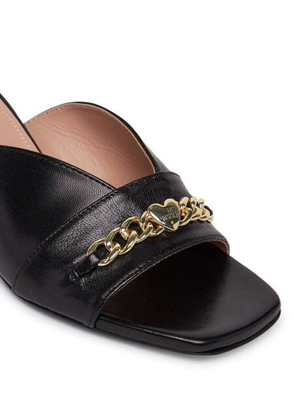 Black Open-Toe Block Heel Slide with Gold Detail